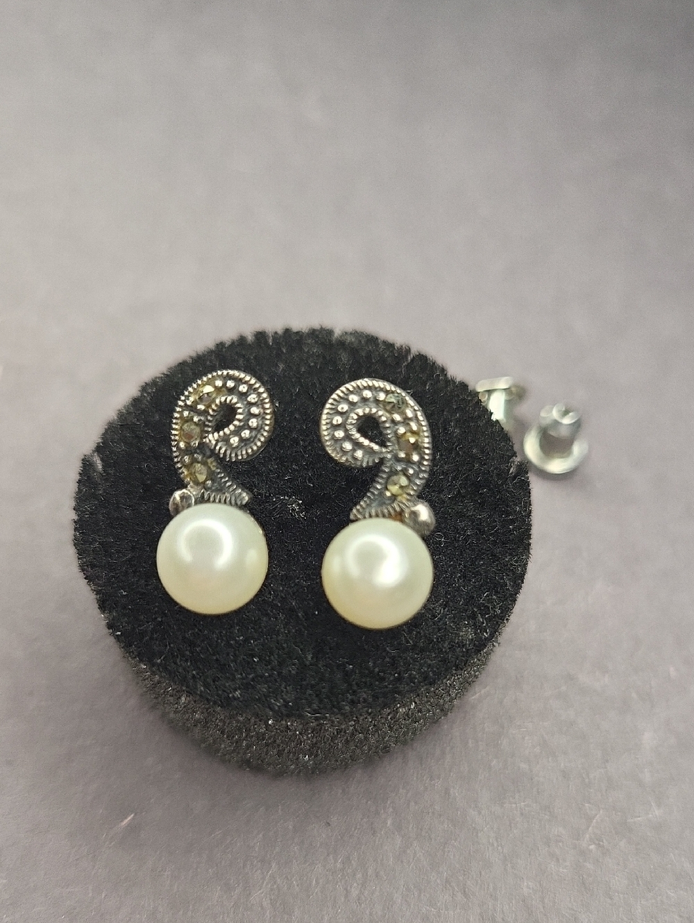 Sterling Silver Marcasite Pearl Drop Earrings by Arte